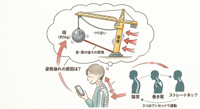 猫背・巻き肩・ストレートネックは三位一体。スマホを見たりパソコンん作業で下を見ることが多い現代社会、5キロほどある頭の重さを首背中の筋肉で支えようと頑張っている証拠です