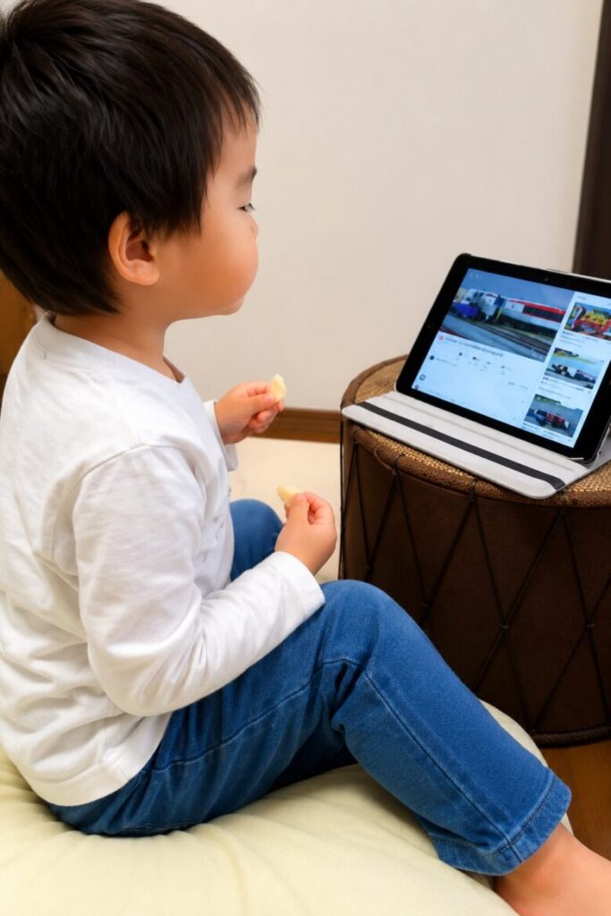 タブレット端末でyoutubeを見ながらおやつを食べてお母さんの施術が終わるのを待つ子供