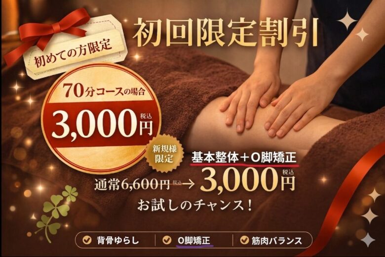 初回限定割引5,000円の基本整体プラスフェイスケア90分コースの案内バナー